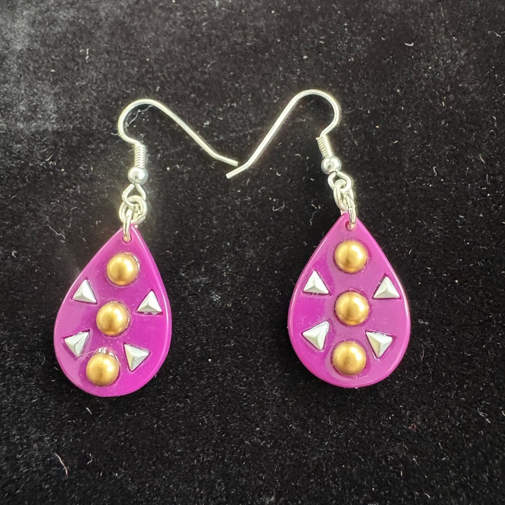 Purple, Gold and Silver Teardrop Earrings
